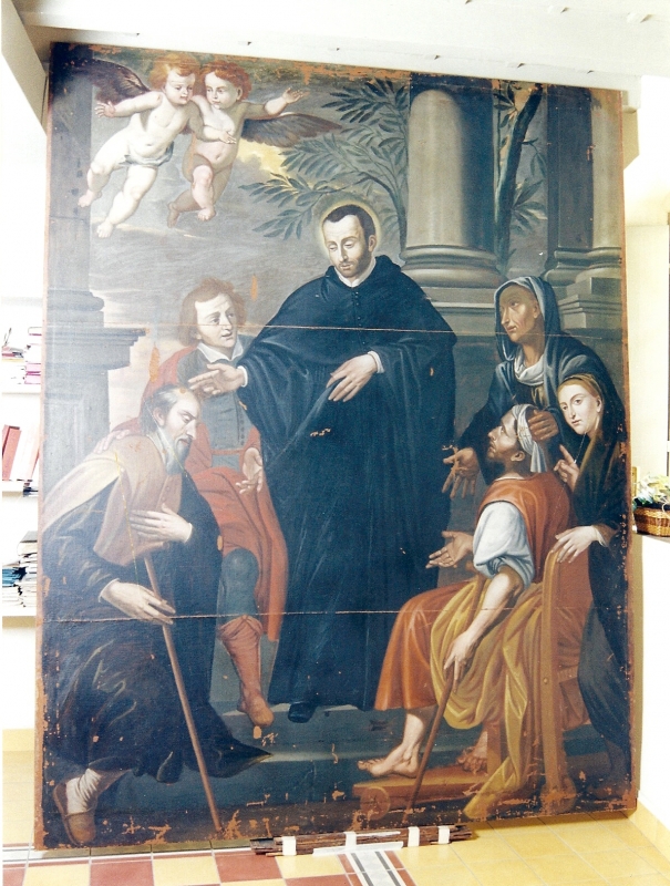 San Mauro benedice gli infermi (Pompeo Ghitti) durante il restauro