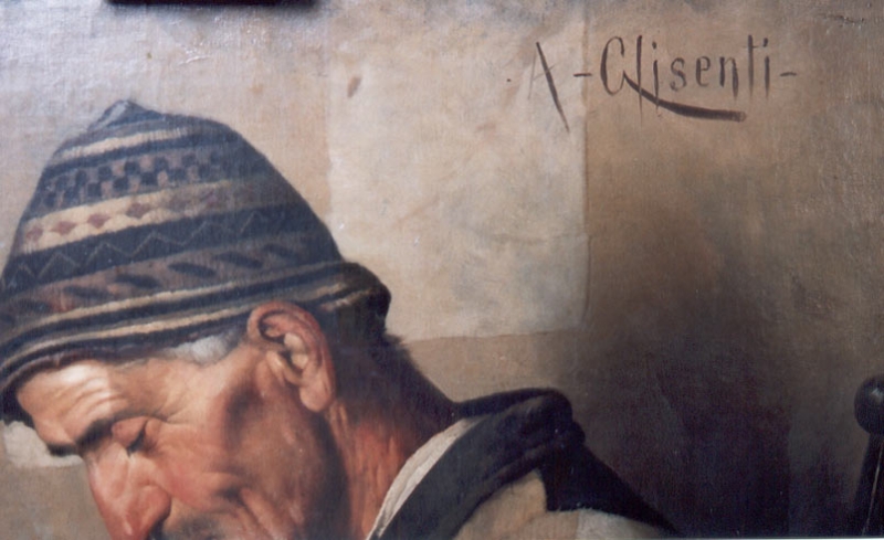 Ritratto di vecchio con pipa durante la pulitura