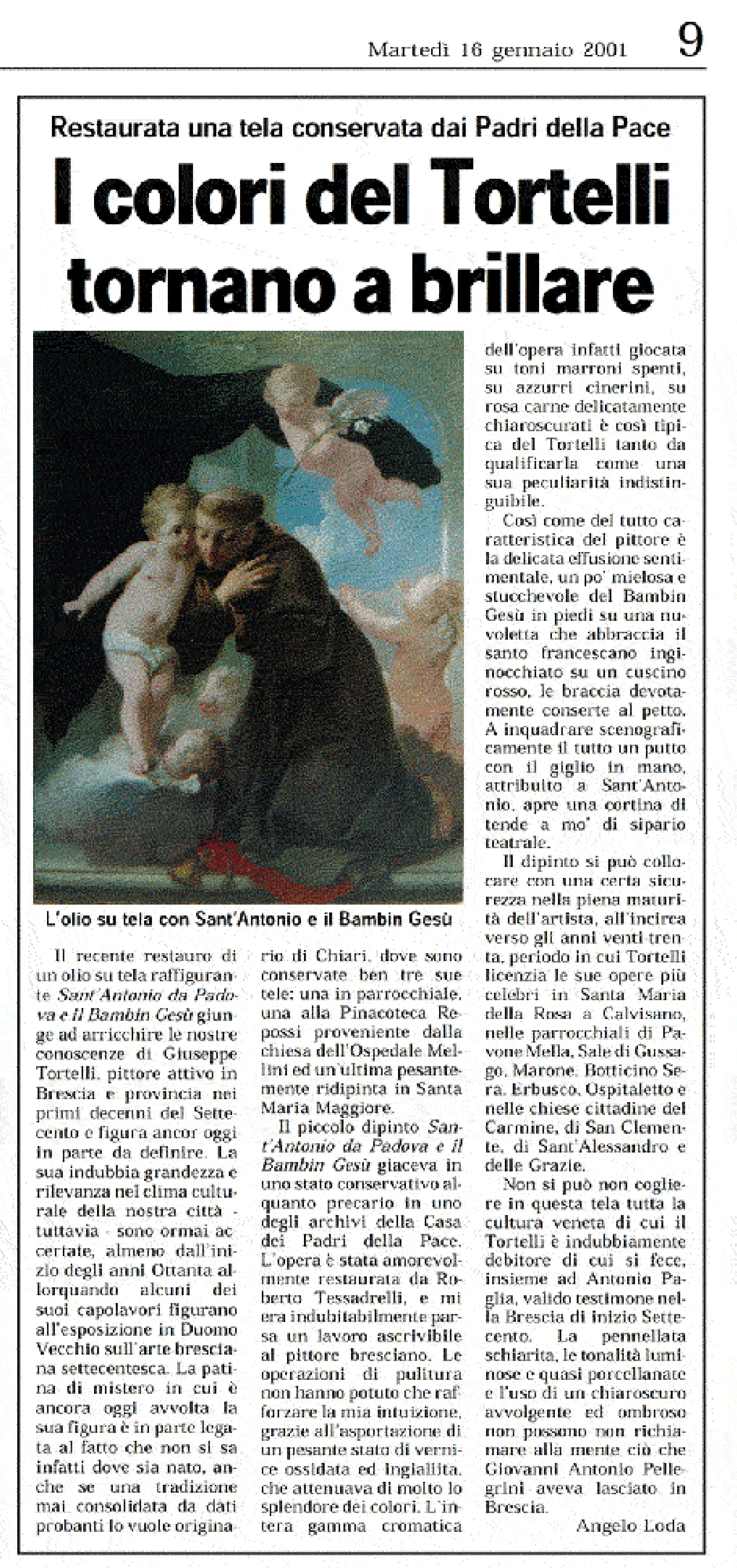 Articolo sul Giornale di Brescia sull'opera San Antonio da Padova e il Bambin Gesù